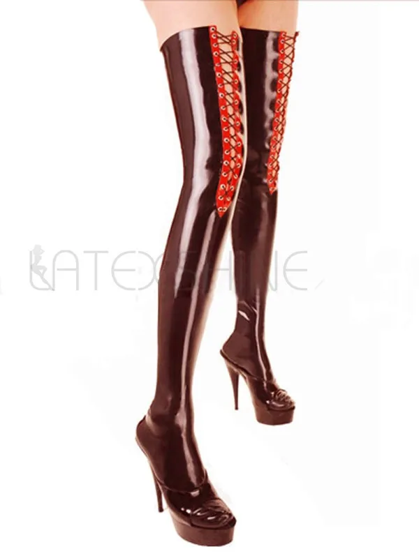 Черные чулки из натурального латекса красные со шнуровкой | Женская одежда