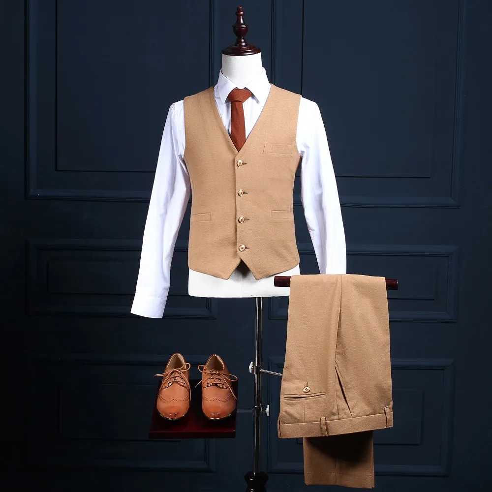 Мужской твидовый костюм в елочку коричневый Свадебный блейзер (пиджак + жилет