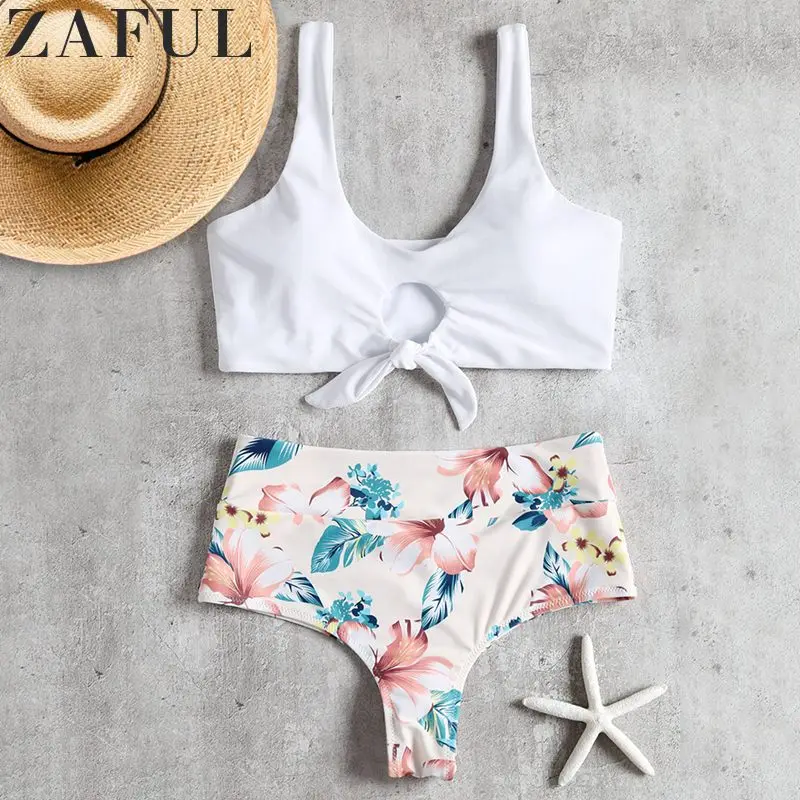 ZAFUL, сексуальный купальник, высокая посадка, завязанный, Цветочный, резинки, бикини, набор, купальник, овальный вырез, Мягкий купальник, пляжный костюм для женщин