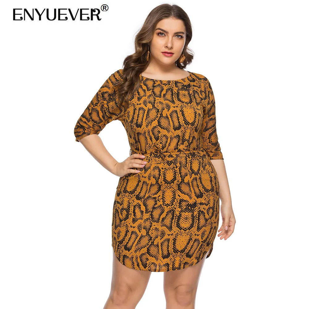 Enyuever Plus Size Snake Print Dress Women Summer 2019 Half Sleeve Vestido Casual Sexy Party Mini With Pockets Streetwear | Женская