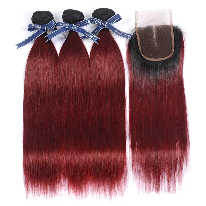 Remyblue Ombre 1B 99J красные бордовые человеческие волосы 3 пучка s с закрытием прямые