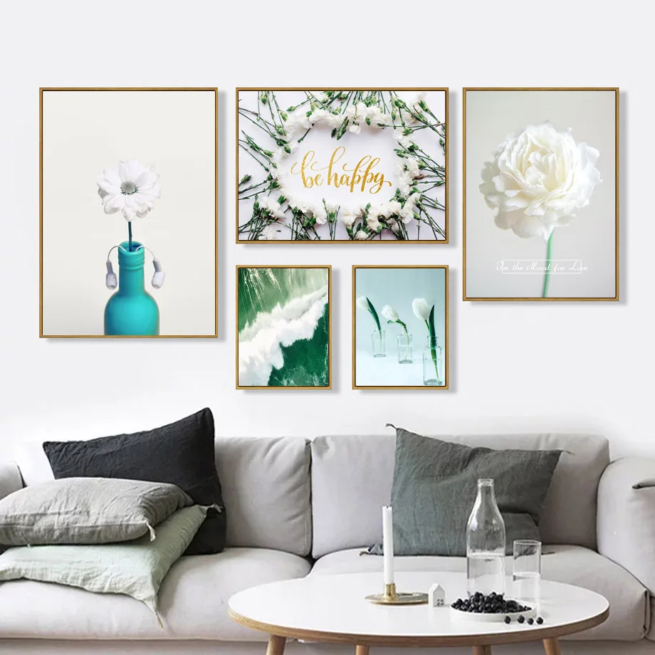 

White Tulip Chrysanthemum Camellia Sea Wall Art Canvas Painting Nordic Posters And Prints Wall Pictures For Living Room Decor
