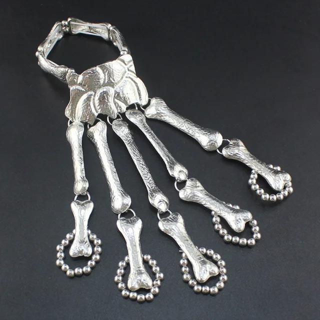 Silver Man/Для женщин для ночного клуба в стиле «панк» череп браслет, соединенный с кольцом на пальце в готическом стиле скелет руки Палец эластичные браслеты Рождественский подарок на Хэллоуин RCH3 - Metal Color: Silver