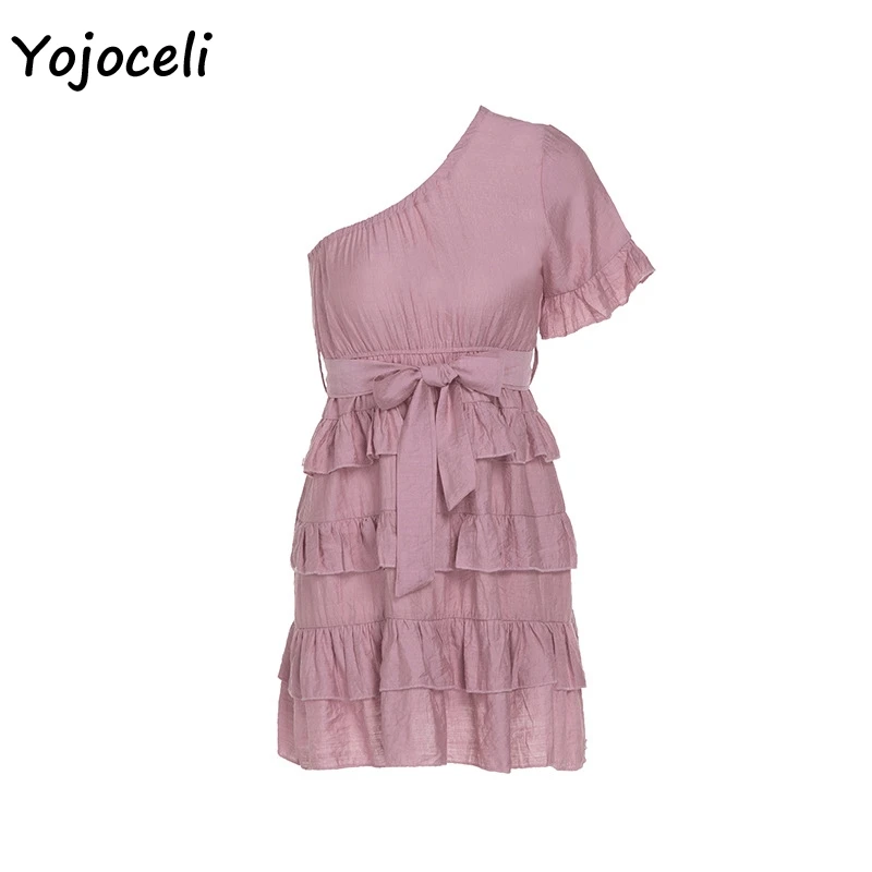 Платье Yojoceli женское мини-платье на одно плечо с оборками и бантом лето 2019 |