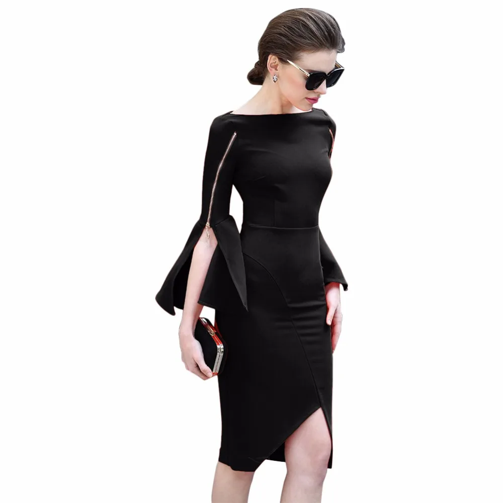 2018 Solid Black Sexy Slash Neck Flare Sleeve Elegant Evening Party Dresses Front Slit Women Midi Pencil Office Dress Vestido | Женская