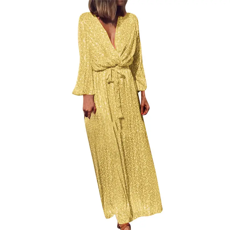 Модное женское длинное платье с V-образным вырезом 2019 элегантное богемное Платье