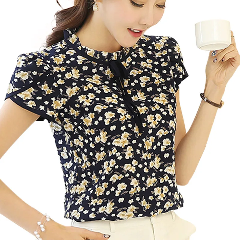 RibbonFish Women Spring Summer Style Chiffon Blouses Shirts Short Sleeve Flower Printed Bow Tie Decor Blusas Top Feminina DF1265 | Женская