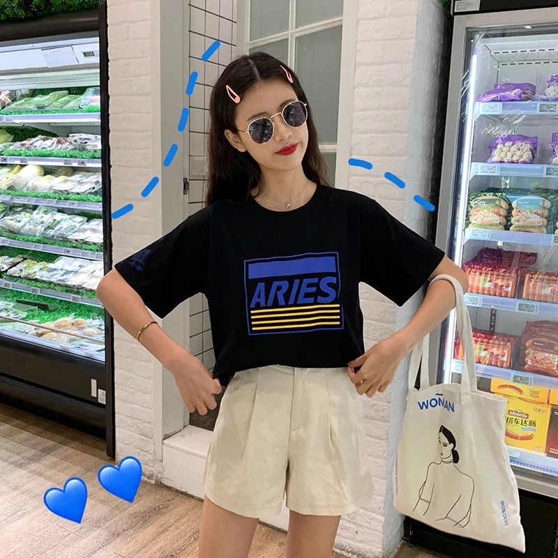 

Letter Printed T Shirt Casual Loose Short Sleeve Ladies Tops Black and White Student T-shirts