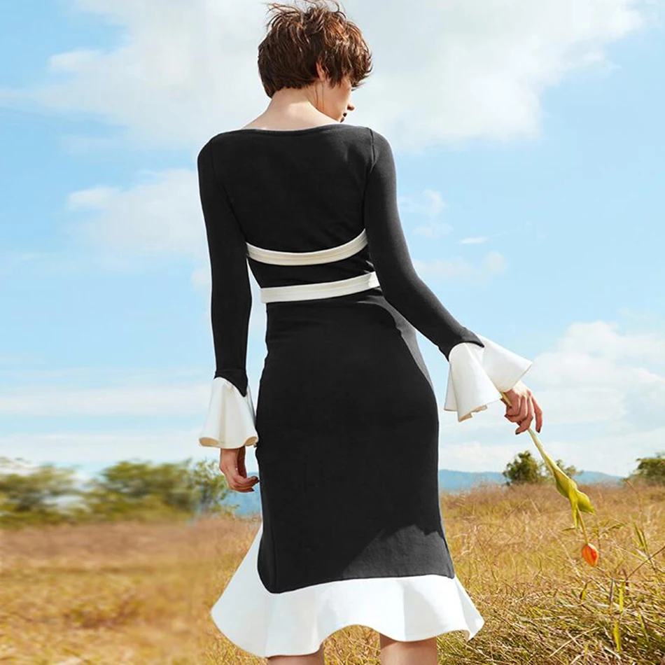 Miss Water 2018 New White Black Women Bandage Dress Office Lady Sheath Strtiped Full Length Cascading Ruffle Flare Sleeve | Женская