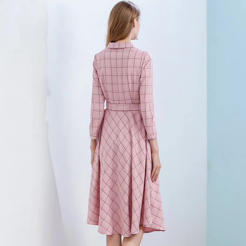 Mostnica Spring England Pink Formal Plaid Shirt Dress for Office Lady Cotton Streewear Striped Robe Dresses with Pocket and Belt | Женская