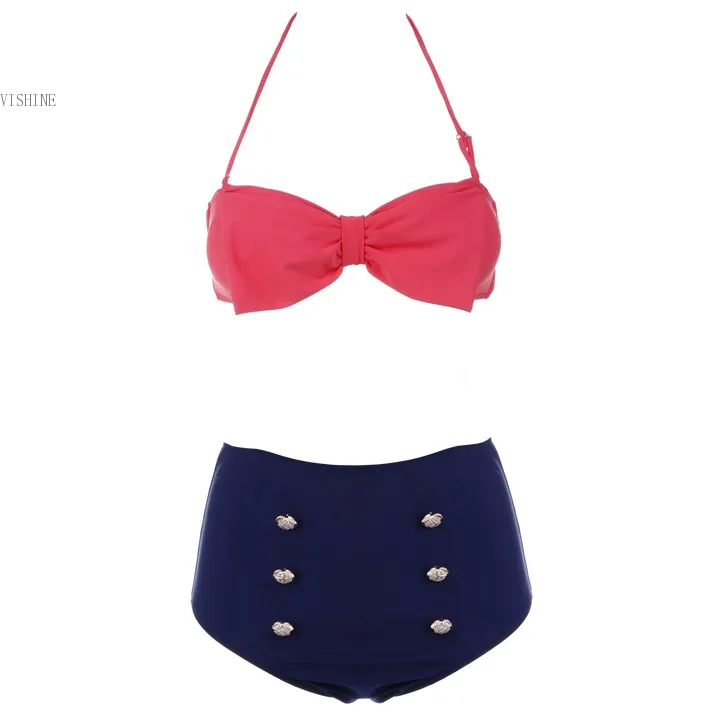 2015 Summer Beach Bikini high waisted Sleeveless Halter Set Push Up Swimwear Yellow/Watermelon Red 18 |