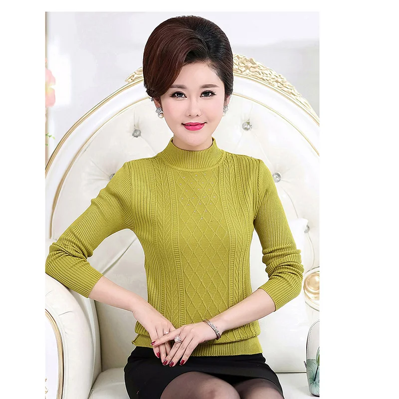 Autumn Winter Middle-Aged-Old-Women's Knitting Sweater Long Sleeve Mother Solid Shirt Pullovers Round Turtleneck Coat Onesize | Женская