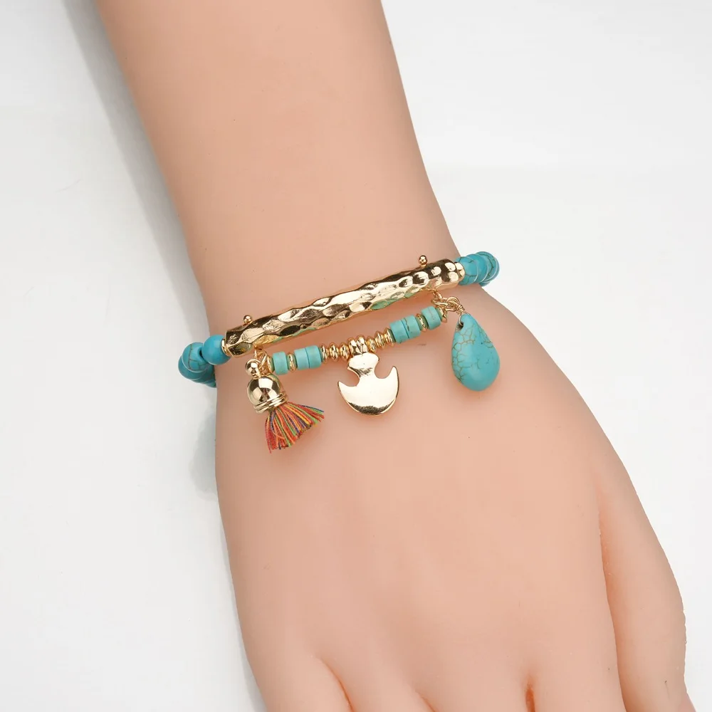 Myelo Ethnic Stone Colorful Tassel Anchor Strand Charm Bracelets Elastic Stretch Beads For Women Party Jewelry Bijoux | Украшения и