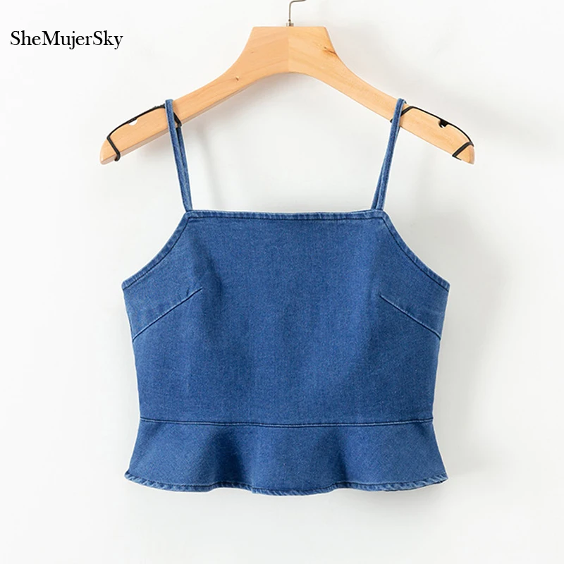 SheMujerSky Blue Denim Sexy Tops For Women Strap Tank Tops Female Slip Crop Tops Camisole