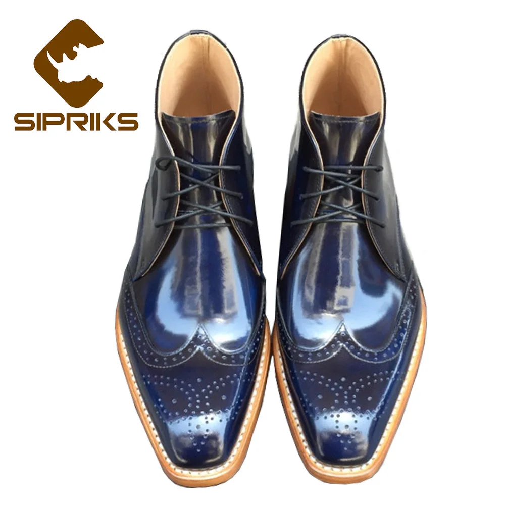 

SIPRIKS Retro Italian Bespoke Mens Ankle Boots Unique Dark Blue Desert Male Cowboy Boot Wingtip Brogues High Tops Shoes