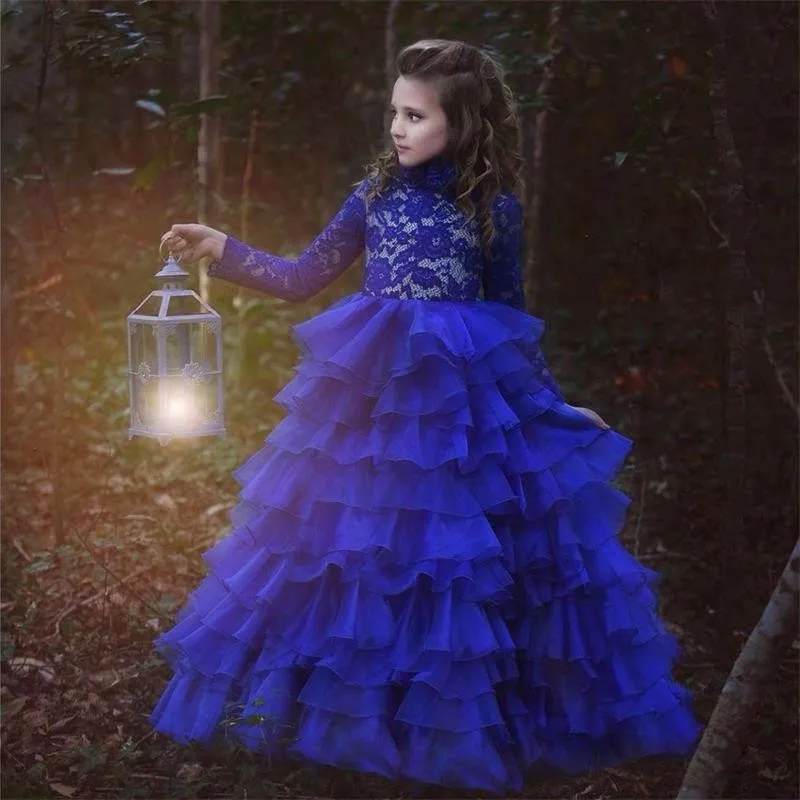 

Long Sleeve Ball Gown Girls Pageant Dresses High Neck Royal Blue Lace Tiers Organza Flower Girl Dress Communion Dresses girl
