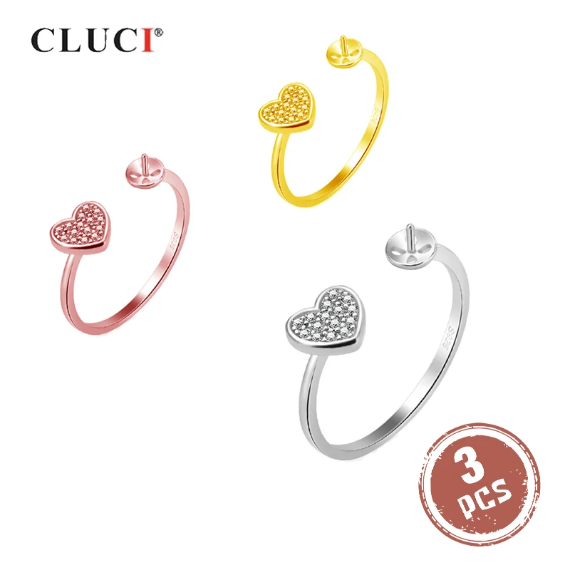 

CLUCI 3pcs Silver 925 Zircon Love Heart Women Rings Jewelry for Engagement 925 Sterling Silver Pearl Ring Mounting SR2163SB