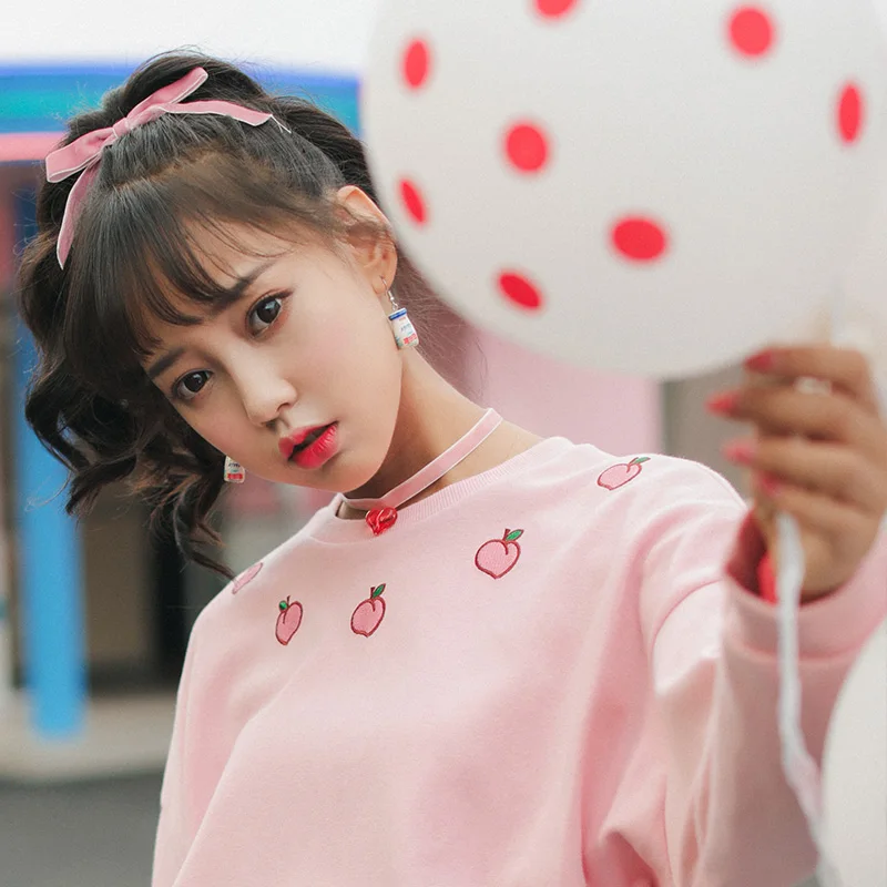2018 Женская Туника Свитшот одежда в японском стиле Harajuku Ulzzang персиковый вышитый