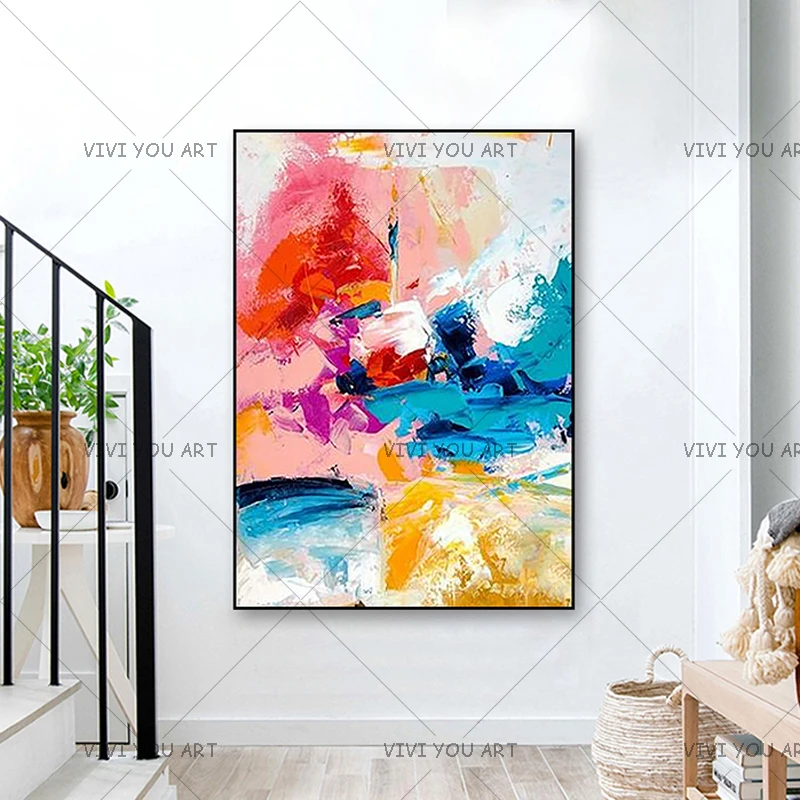 

Безрамное изображение 100% ручная роспись цветной блок картина маслом на холсте Современная Абстрактная настенная живопись для гостиной укр...