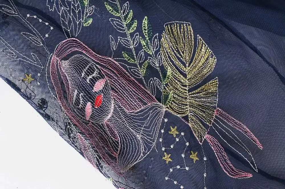 2017 осенние женские темно синие цветы вышивка сетки Длинные юбки женский