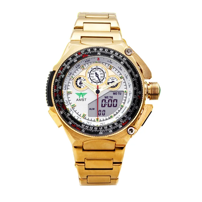 

2020 Special Offer Multi-functional Waterproof Double Show Golden Fashion Hot Style Wholesale Business Man Wrist Watch. "3010