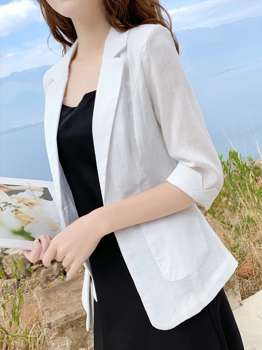 Linen small suit female one button coat thin section summer white black cotton linen Slim casual seven-point sleeve | Женская одежда