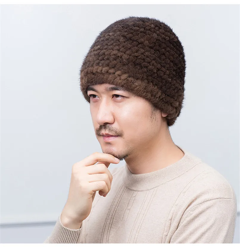 men hat winter caps of natural mink fur hats knitted warm beanie men's winter fur hats black brown gray color new design H89