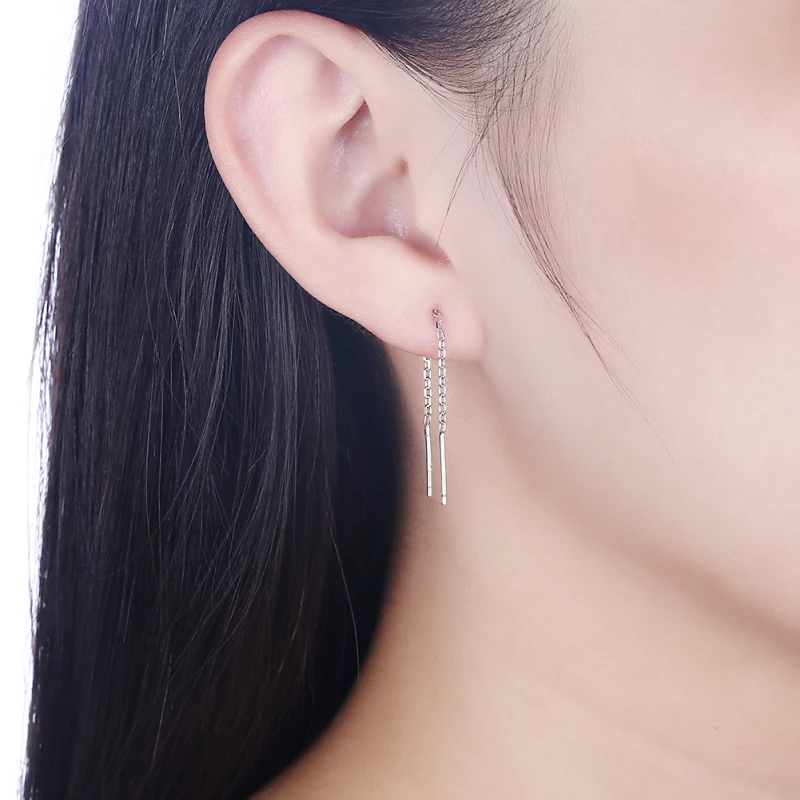 925 Sterling Silver Threader Through Cross Chain Drop Dangle Long Earrings For Women Girls Aros Party Jewelry boucles d'oreilles |