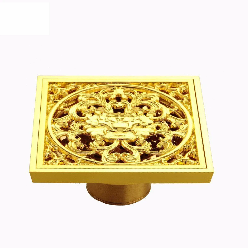 

Houmaid Bathroom Copper Hotel Golden Single Square Floor Drains Brass Deodorization Type 4 inches Strainer Drains