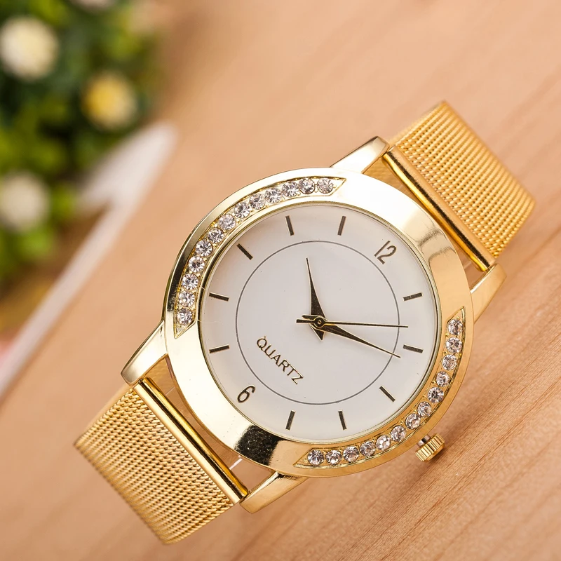 

Geneva новые роскошные часы для женщин, модные часы с кристаллами, золотые, нержавеющая сталь, сетчатый ремешок, стильные Аналоговые кварцевые ...