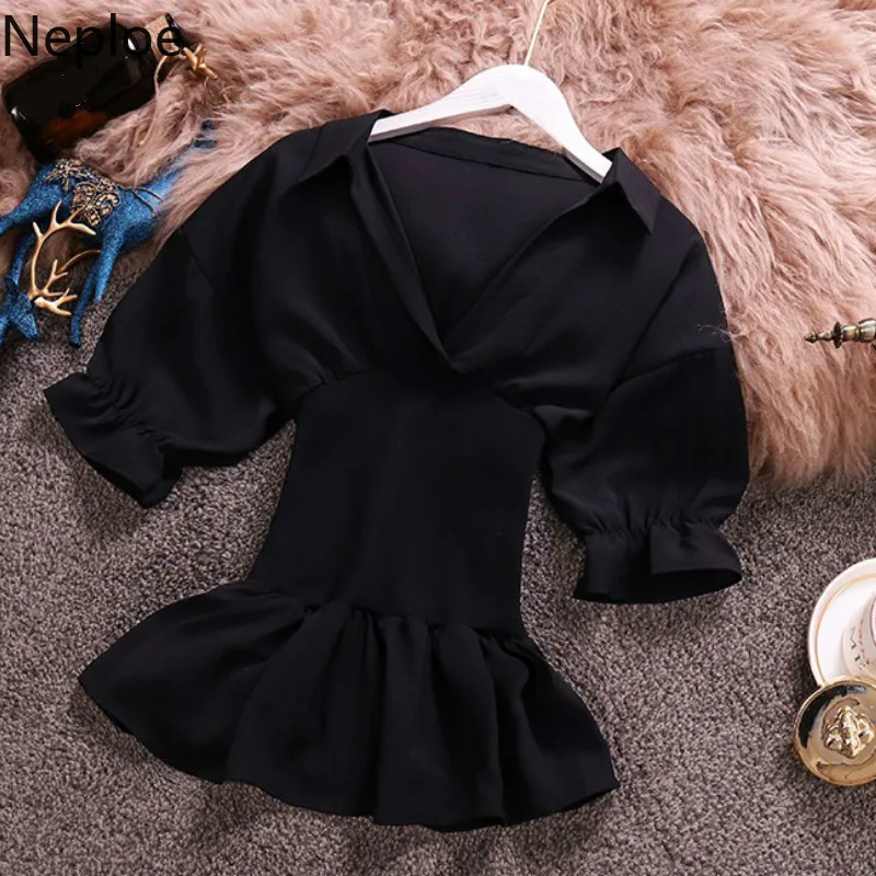Neploe Chiffon Women Blouse Summer 2019 New V-Neck Puff Sleeve Blusa Fashion Slim Waist Ladies Tops 44599 |