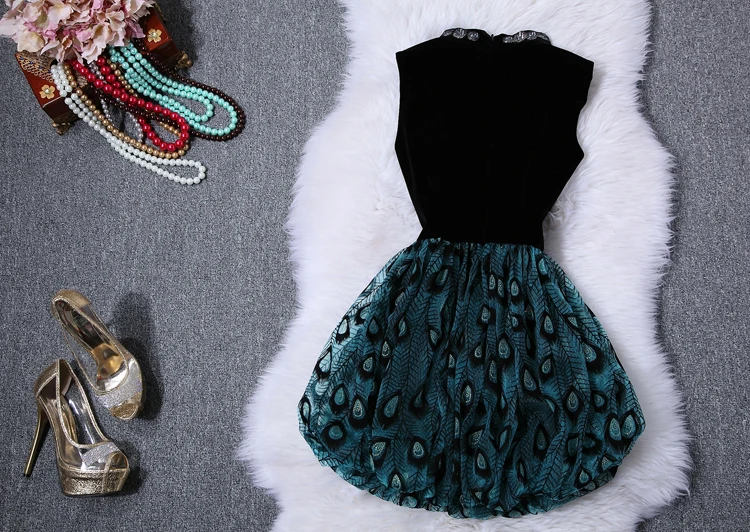 2014 New Fashion Women Mini Dress Cute Peacock Pattern With Necklace Print Party |