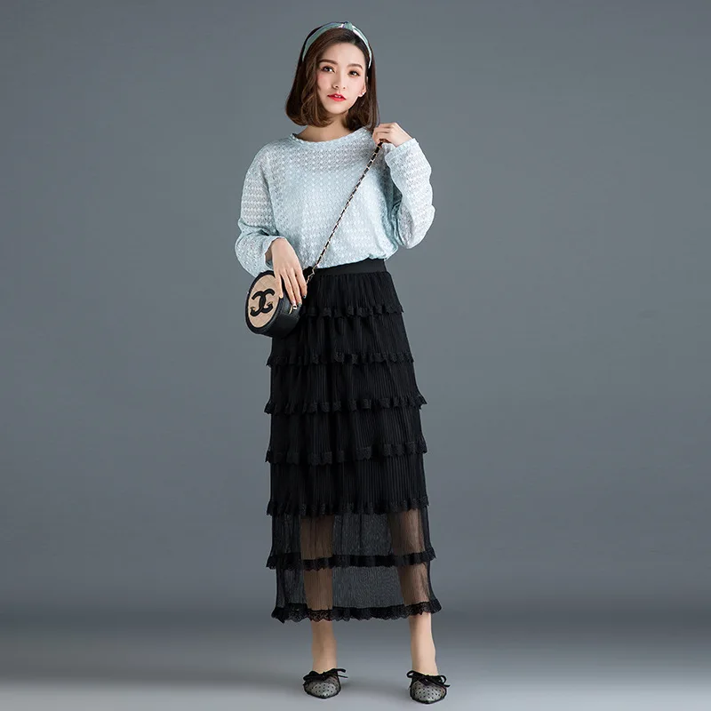 Сетчатая многослойная юбка кружевная длинная средней длины с высокой талией