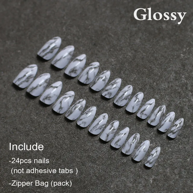 Glossy1 Мраморные матовые ногти на шпильках с натуральной текстурой, белые Средние накладные ногти, глянцевые накладные ногти с точечным кончиком, высокое качество, 24 шт, полный набор - Цвет: Glossy1