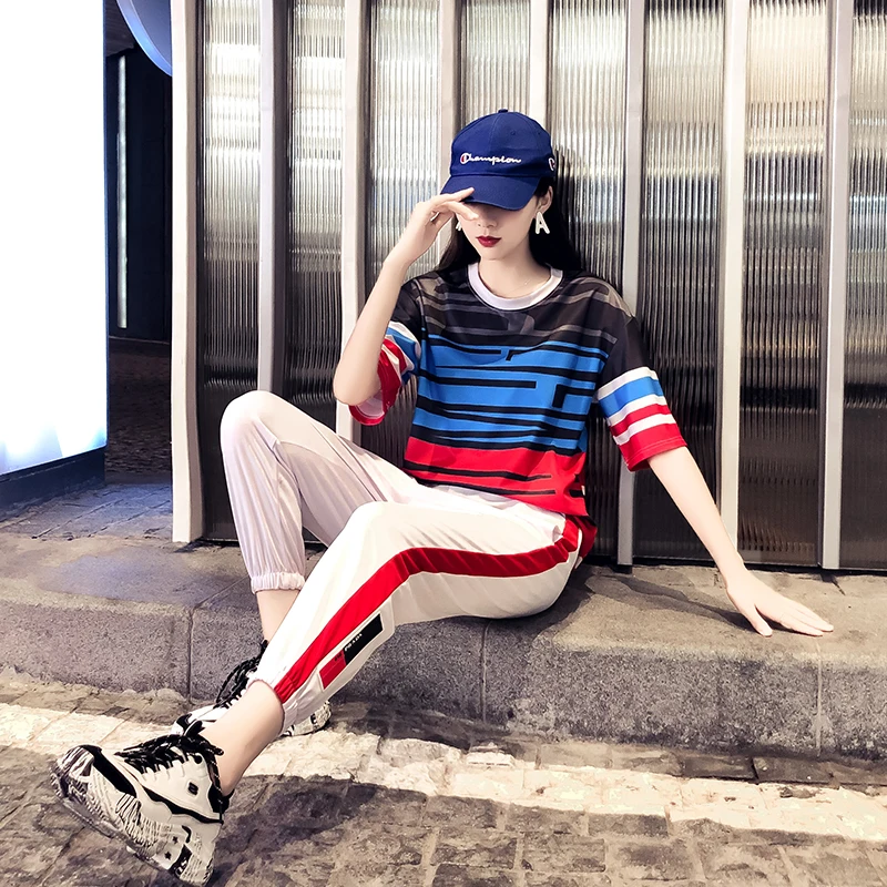 2019 женская летняя модная свободная футболка в горизонтальную полоску + широкие