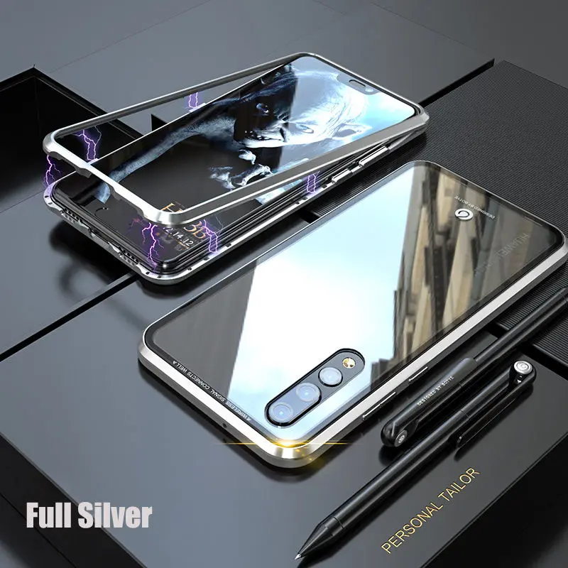Роскошный магнитный металлический Прозрачный чехол для huawei P30 Pro P20 Lite, встроенный Магнит, стеклянный чехол, чехол для huawei P30 Pro, чехол s P20Pro - Цвет: Full Silver