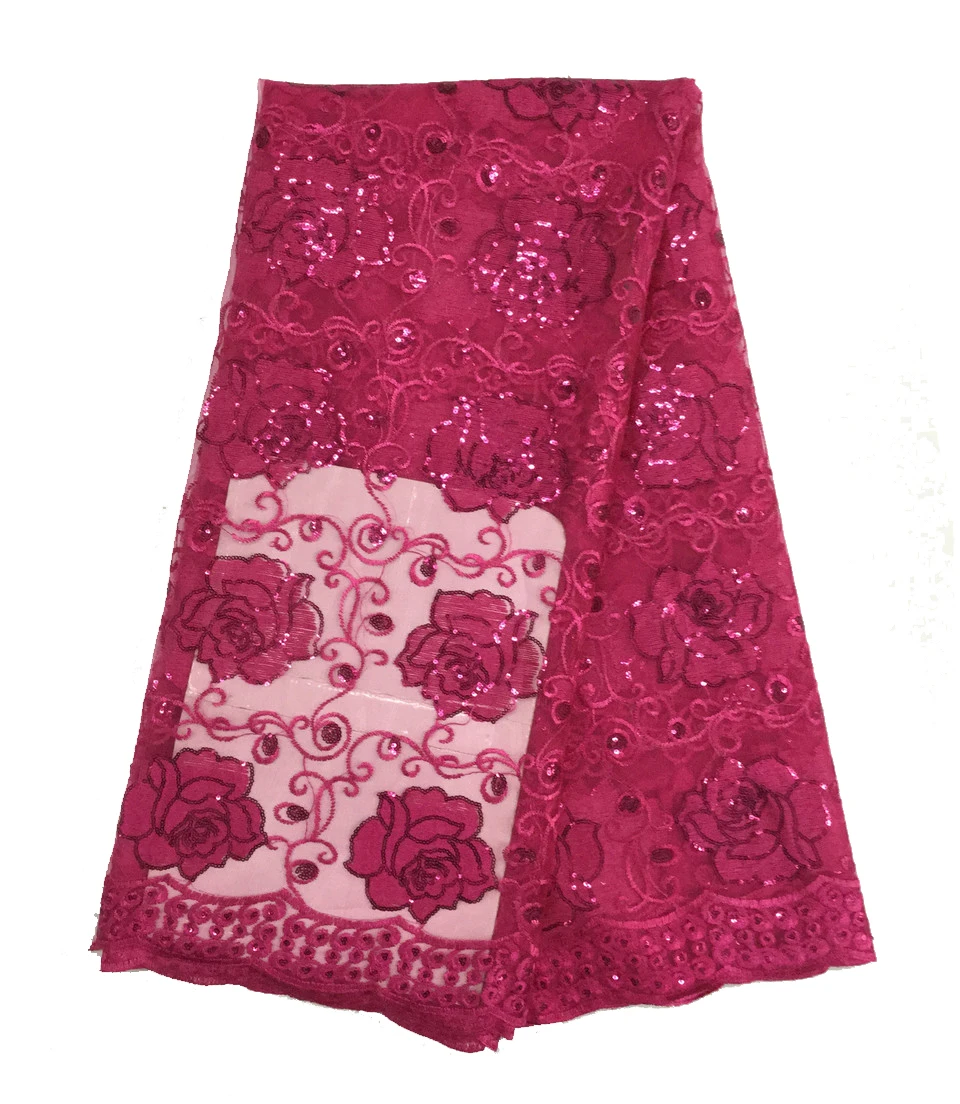 5yards High Quality Flower Sequin Tulle Lace Fushia Pink Embroidered African Dress Fabric pl1012 | Дом и сад