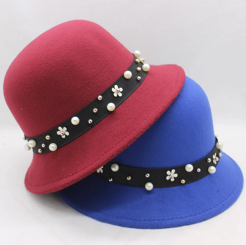 

BINGYUANHAOXUAN Women Solid Felt Woolen Hats Black Red Hats Vintage Western Bucket Hats for Women Female Bowler Hats with Straps
