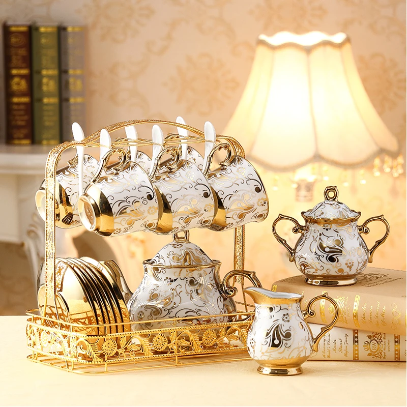 

European Ceramic Tea Cup And Saucer Set Chinese Ivory Gold bone china Coffee Cups Set Pot Creamer Sugar Bowl Teatime Teapot Mug