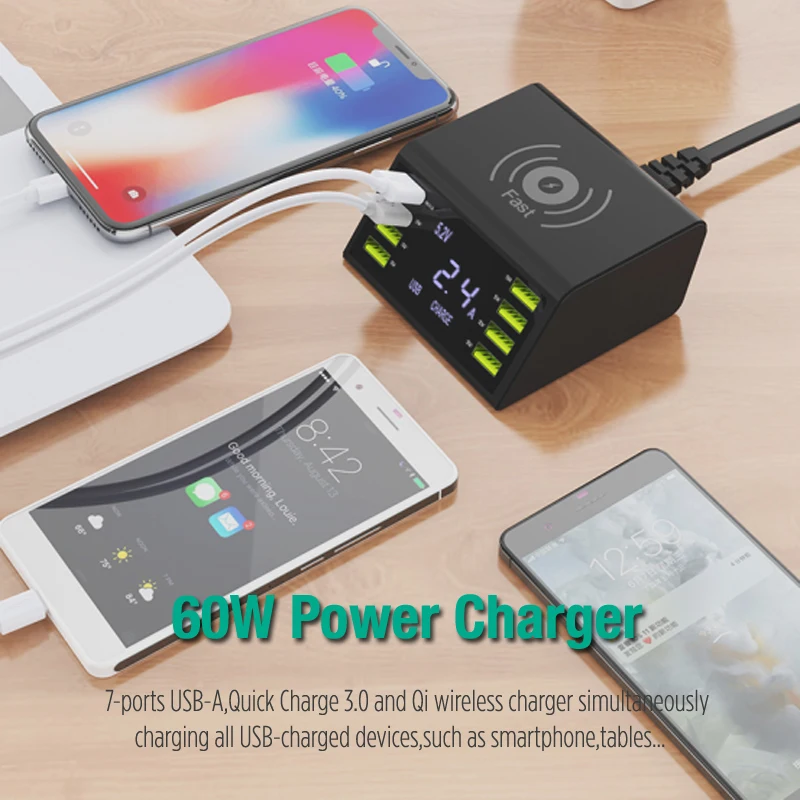Беспроводное зарядное устройство iNGMAYA Qi для iPhone X 8 XS XR Pixel 3 USB быстрозарядная станция 60 Вт светодиодный дисплей Быстрая зарядка 3,0 Для huawei samsung Xiaomi Meizu Onelpus Yota Phone Nokia адаптер