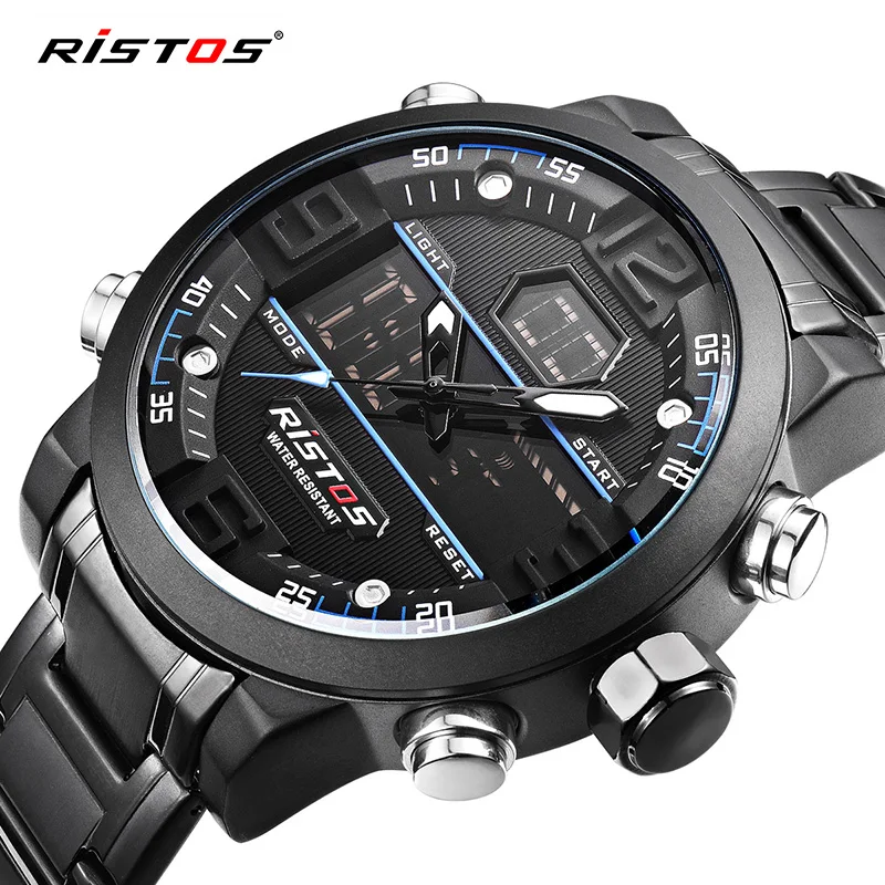 

Мужские многофункциональные часы Ristos Relojes, модные стальные мужские спортивные часы, цифровые водонепроницаемые наручные часы с хронографом, новинка 9338