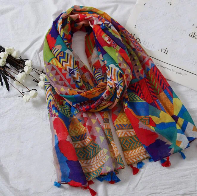 

Vintage ethnic style Printd scarf generous Fashion color geometric print seaside holiday travel beach towel shawl