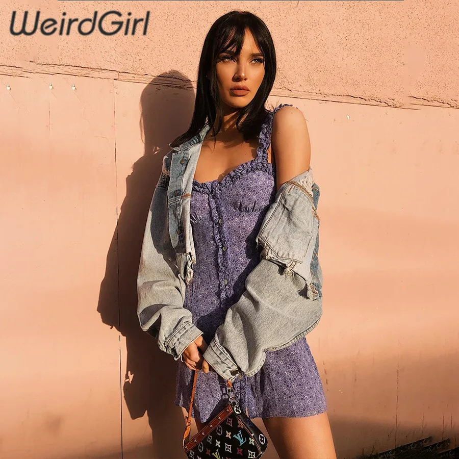 Weirdgirl женское летнее облегающее и расклешенное сексуальное платье с цветочным принтом и пуговицами, облегающее платье без рукавов, модное повседневное мини-платье для девушек, Новинка
