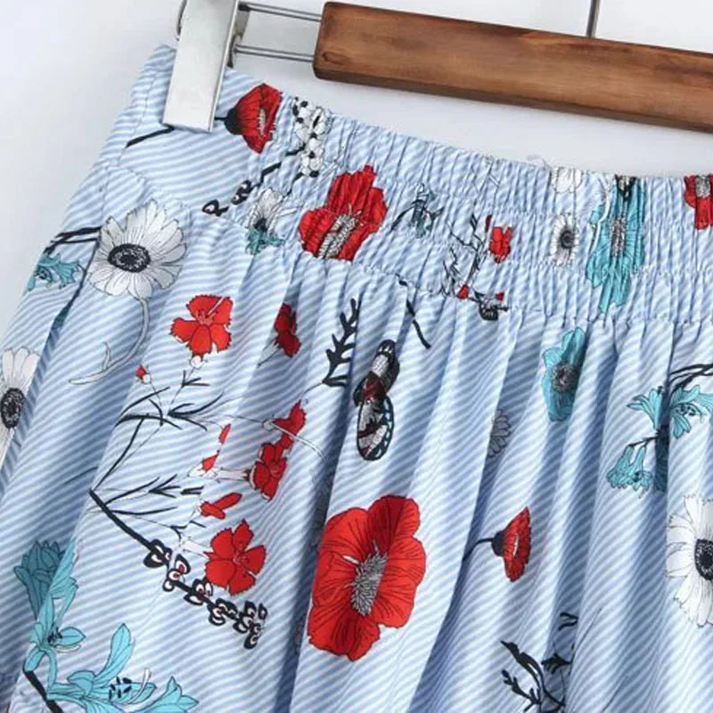 Floral Striped Pleated Midi Skirts New 2017 Summer Fashion Faldas Mujer Elastic Waist Pockets Ladies Knee-Length Skirt Z291 | Женская