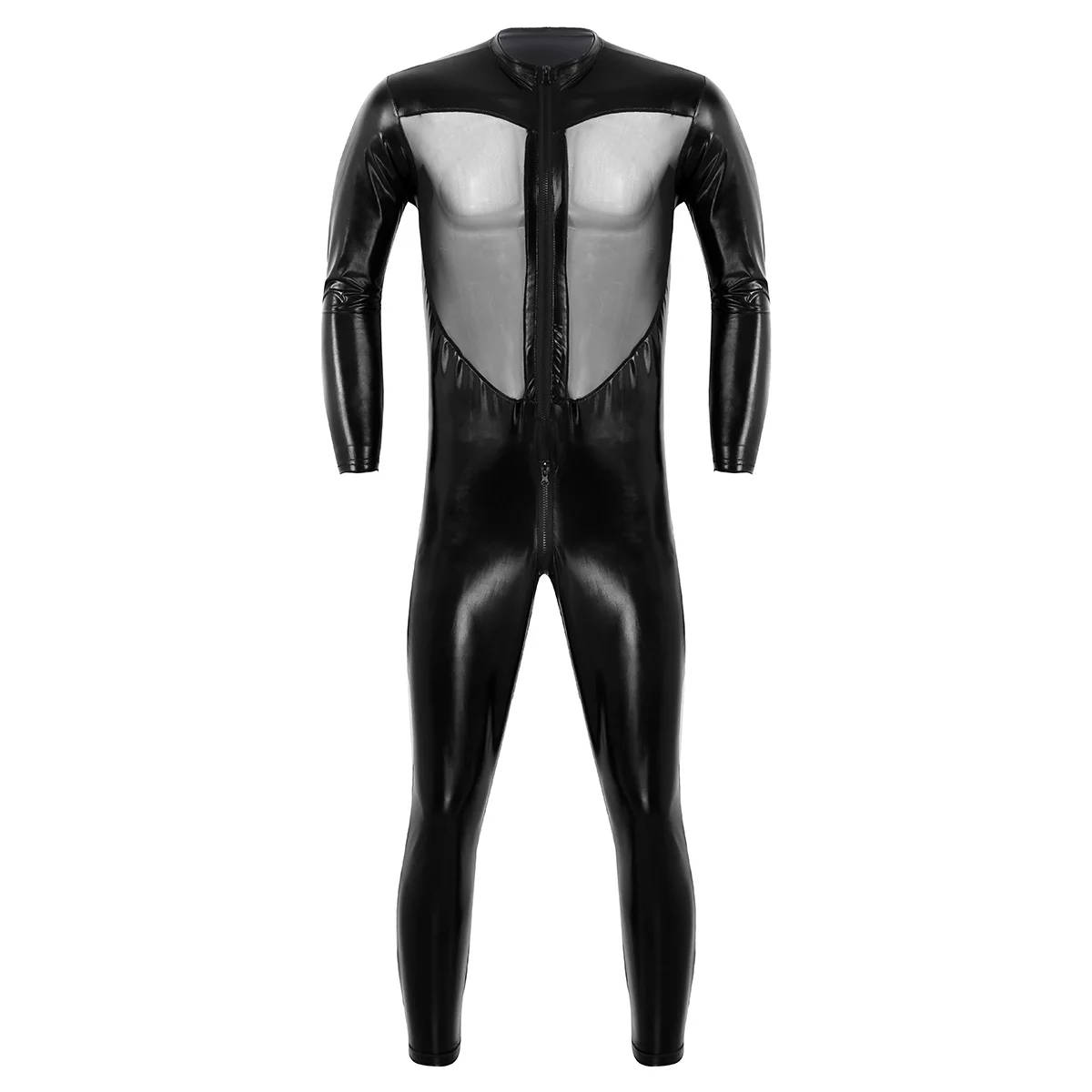 

Men Womens Lingerie Full Body Bodysuit Wet Look Leather High Neck Long Sleeves Zipper Crotch Front Mesh Splice Leotard Bodysuit