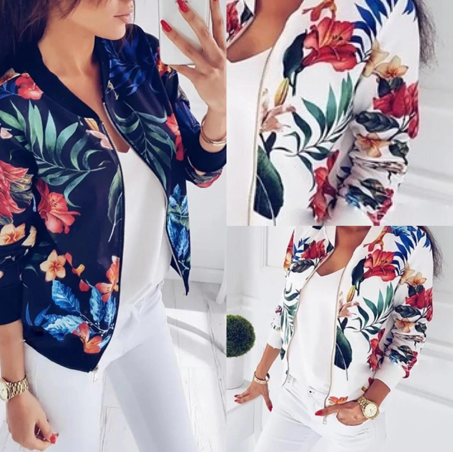 

LOSSKY Retro Floral Print Women Coat Casual Zipper Up Bomber Women's Autumn Long Sleeve Outwear Jacket Coats Ladies Clothes 2020