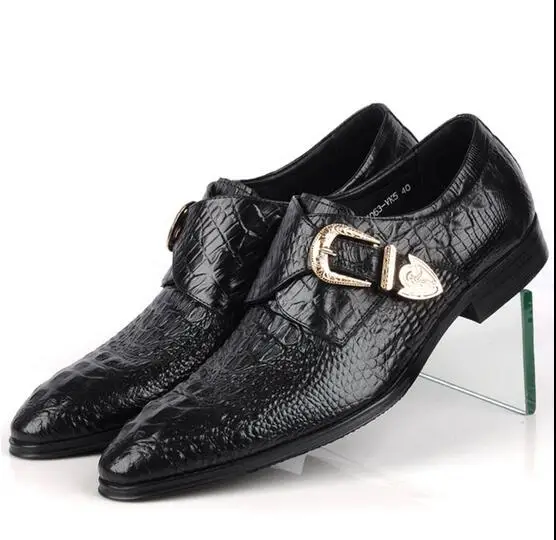 

New business casual shoes pointed male Crocodile pattern buckle grain leather suede leather belt single shoes wedding shoes
