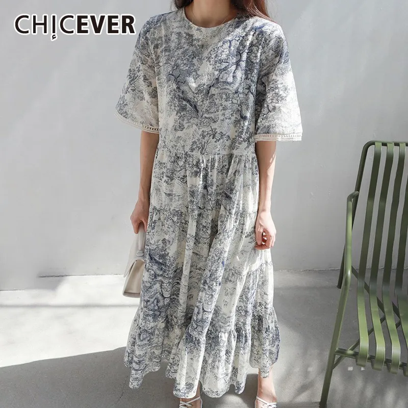 CHICEVER летнее винтажное платье с принтом для женщин круглым вырезом коротким