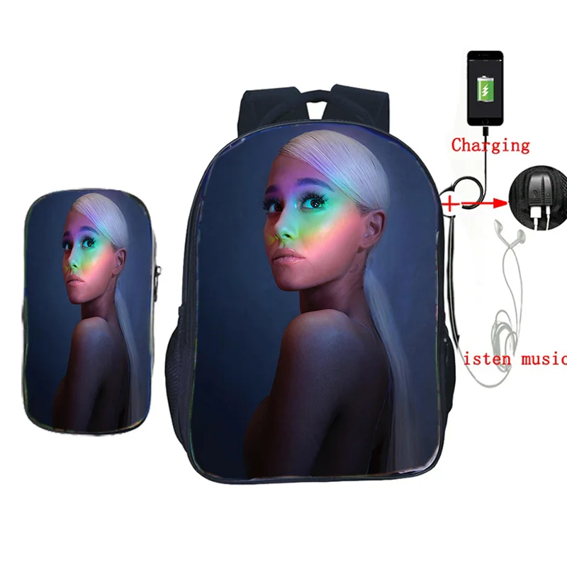 

Рюкзак для подростков Ariana Grande 2 шт./компл., USB-зарядка, ранцы для книг для мальчиков и девочек
