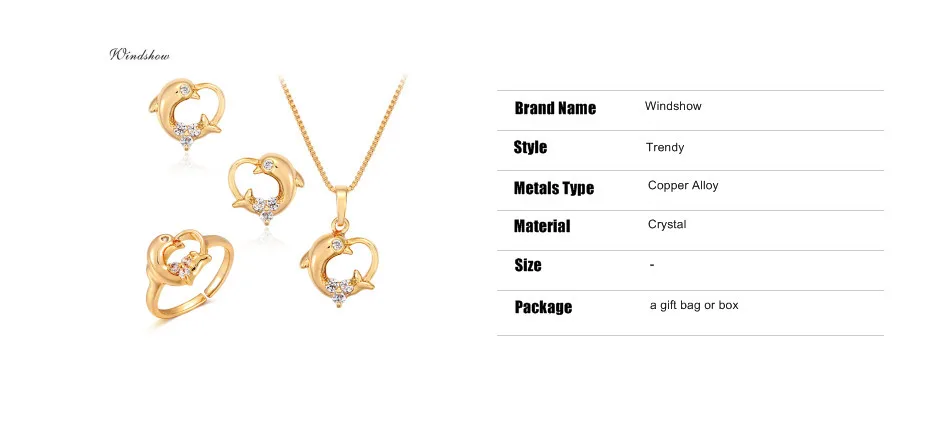 Children Girls Baby Kids Jewelry Sets Yellow Gold Color Dolphin Heart Charm Pendant Necklace Stud Earrings Ring Festa Jewellery